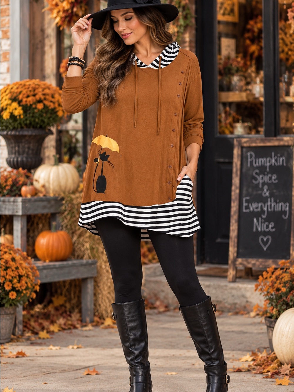 1X Striped Hooded Tunic top in Brown with Umbrella Detail and cat